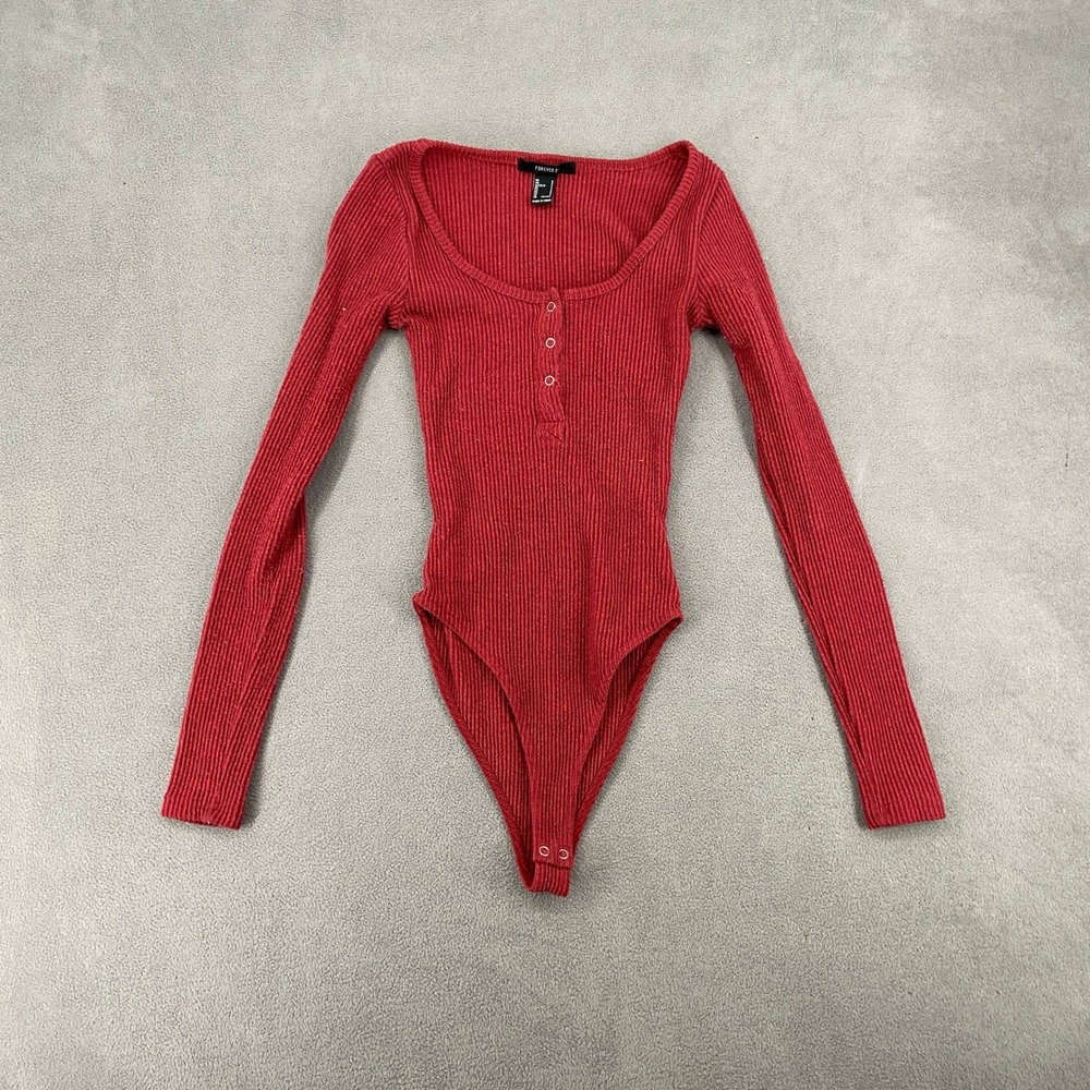 Forever 21 Red Ribbed Henley Bodysuit Long Sleeve Y2K Small